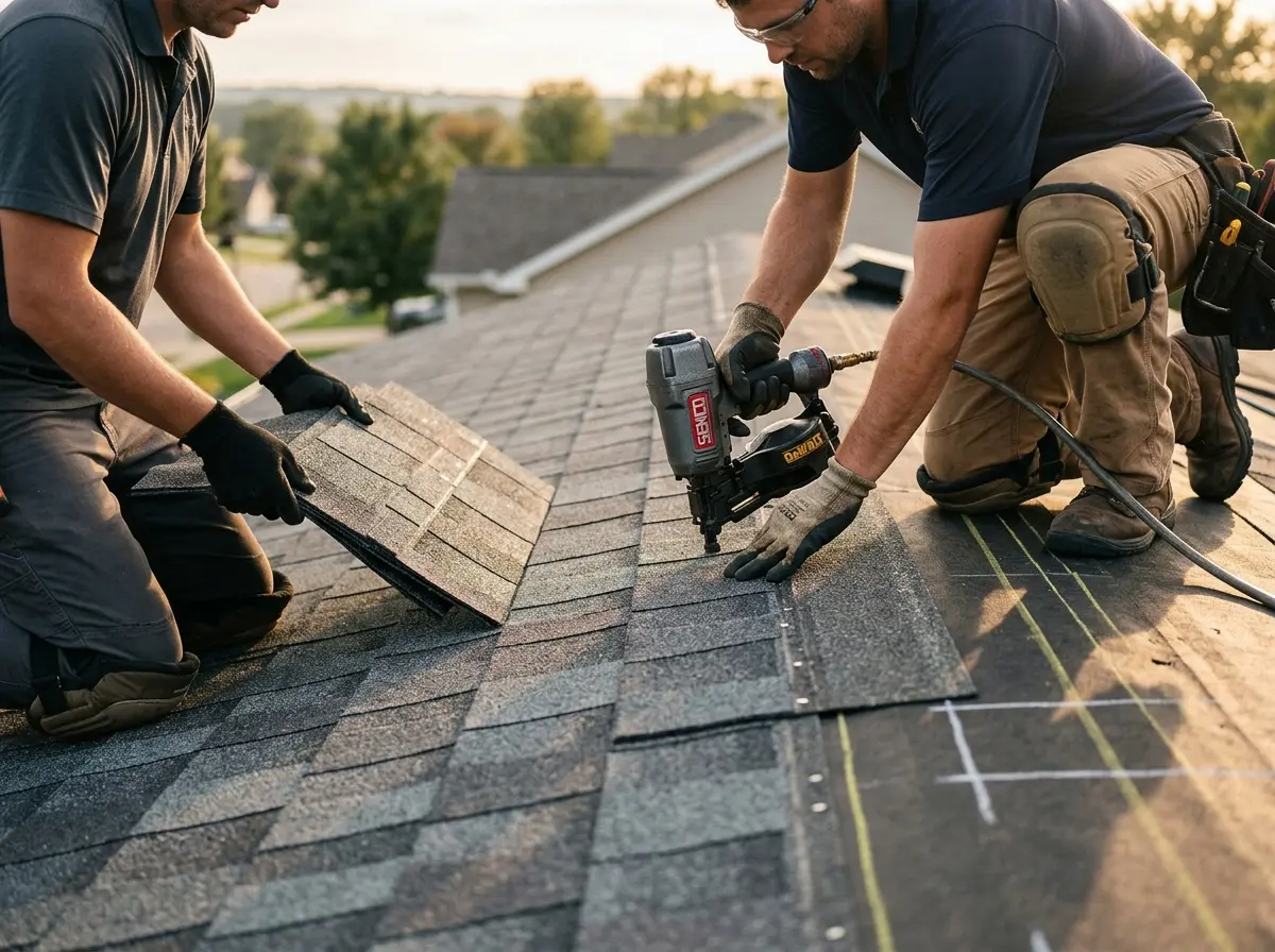 Professional roofer working on a residential roof in Peppermill Village